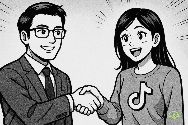 a landscape mode comic book style, japanese manga influenced image of a tiktok influencer shaking hands with an ecommerce expert