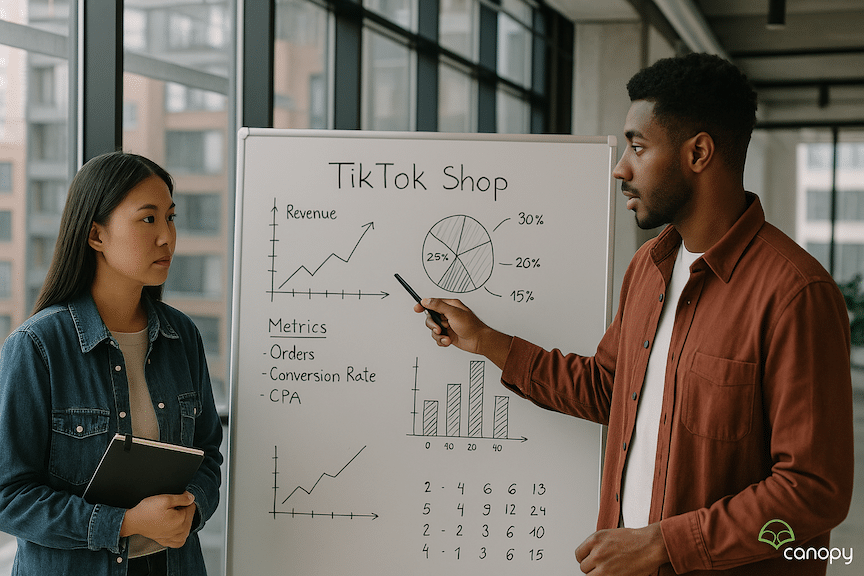 two tiktok shop entrepreneurs looking at a whiteboard full of data and metrics in a modern office building