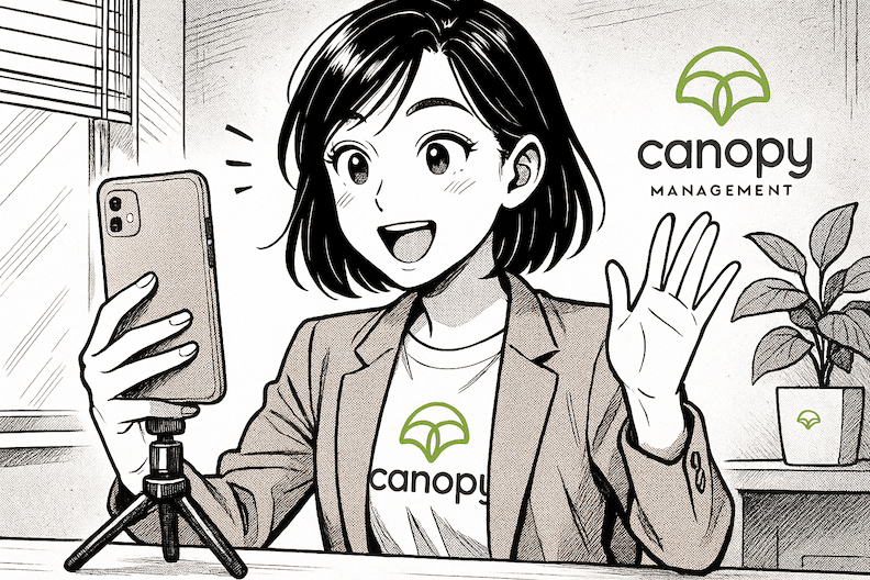A young female tiktok shop creator is shown in a japanese, manga style image at her desk with an iphone creating content