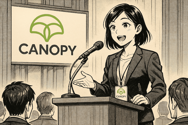 A young female tiktok shop creator is shown in a japanese, manga style image presenting in front of an audience