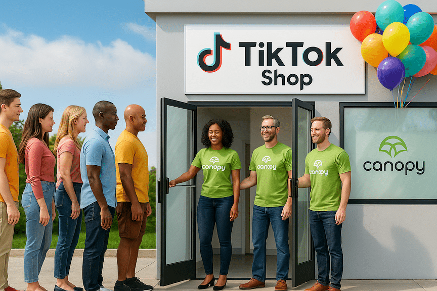 a landscape mode image of several casually dressed Canopy Management executives opening the door of a modern TikTok Shop business with a long line of customers ready to enter the store. there are balloons and the atmosphere is festive.