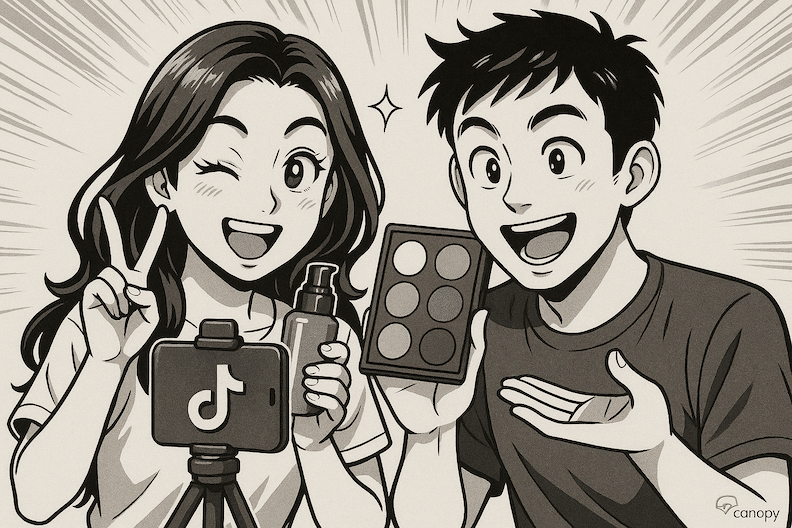 a landscape mode comic book style, japanese manga influenced image of two tiktok influencers in front of their iphone on a stand creating content
