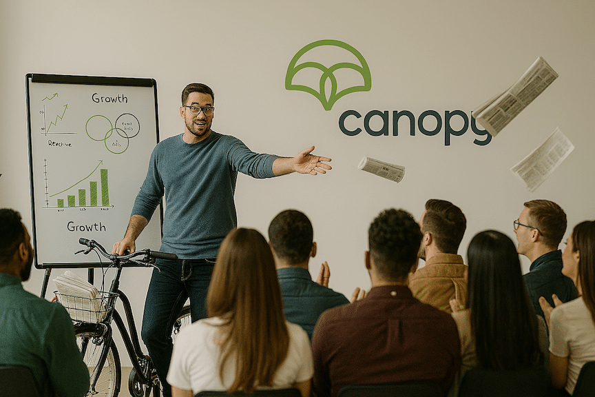 An Ecommerce newsboy holding a bike and presenting strategy to an ecommerce office is thowing papers to a group of brand entrepreneurs