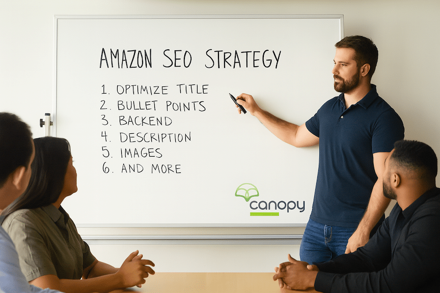 a landscape mode image of an Amazon SEO expert at a whiteboard explaining strategy to a group of ecommerce brand entrepreneurs