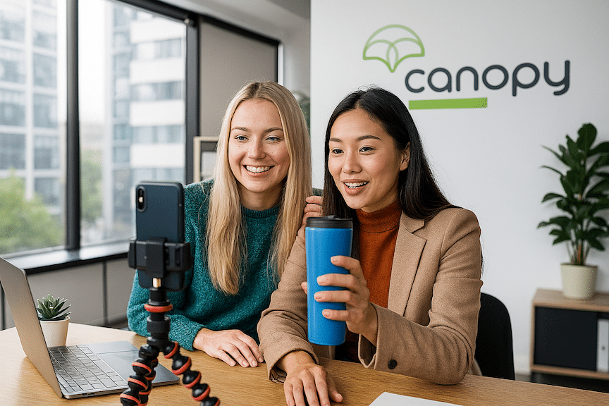 Two tiktok shop influencers creating a live video promoting a new product in a modern office.