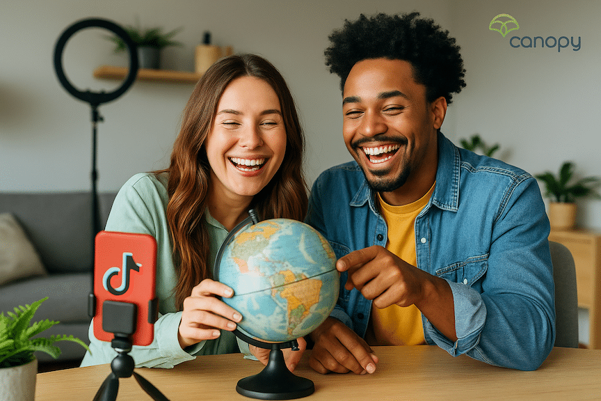 Two young, happy TikTok Shop creators are spinning a globe and trying to identify their next location to launch a product
