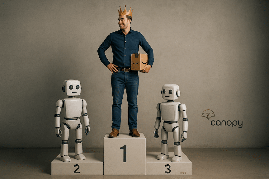 an amazon seller standing on top of a podium wearing a crown looking down at the number 2 and 3 places that are represented as robots