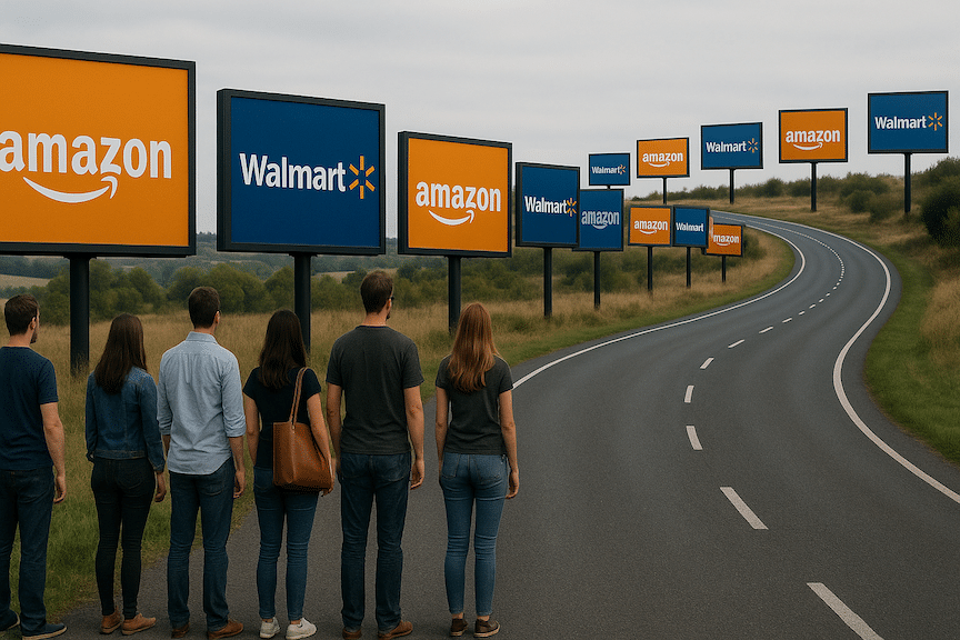 A long winding road with a groupnof ecommerce sellers looking at all the Walmart and Amazon billboards all along it