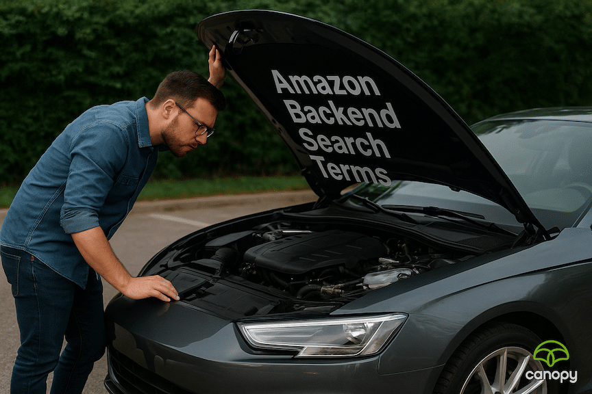 an amazon seller looking under the hood of a sportscar with the words Amazon Backend Search Terms on it.