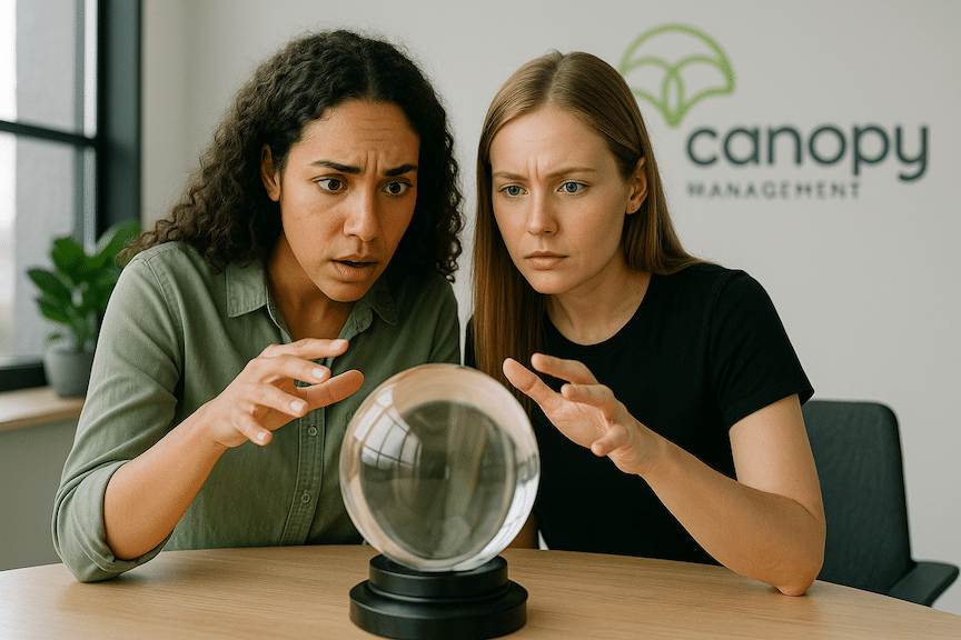 The same two women TikTok Shop influencers looking together into a crystal ball on a desk