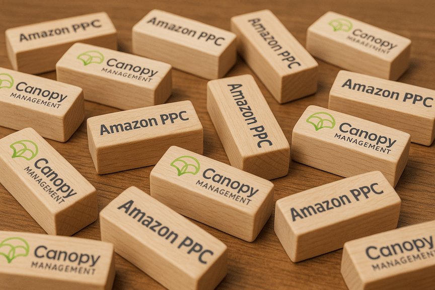 A tabletop filled with wooden blocks with Amazon PPC and Canopy Management written on them
