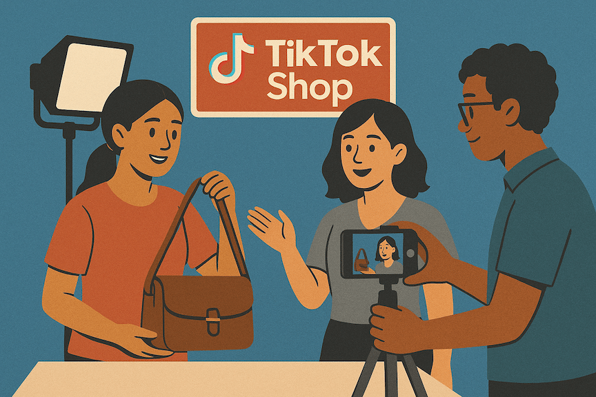 A graphic image of three tiktok shop creators filming a product video