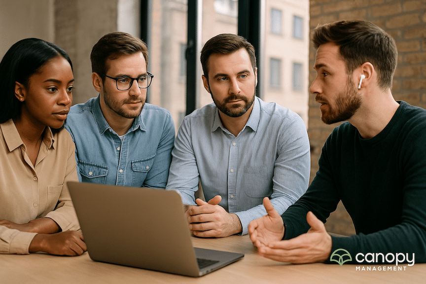 three amazon brand entrepreneurs talking with an online influencer about a strategy