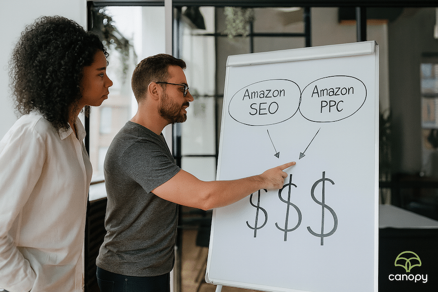 two amazon brand entrepreneurs looking at a whiteboard in a modern office showing how to combine Amazon SEO and Amazon PPC to make a lot of money.