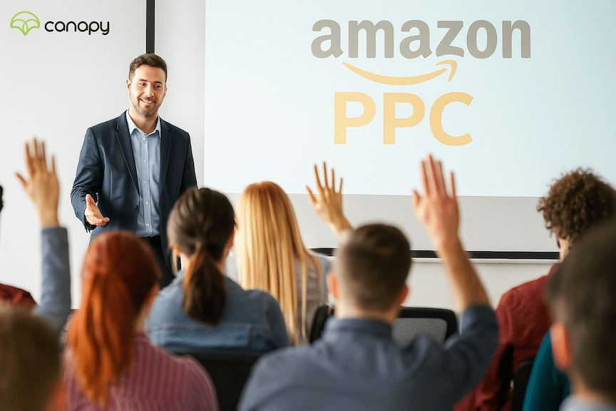 an amazon ppc expert answering questions posed to him at the head of a classroom with amazon sellers in the audience with their hands raised asking questions