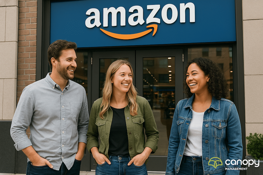 Three Amazon brand entrepreneurs outside of an Amazon Store