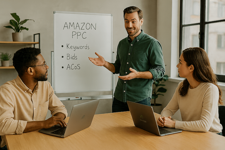 An Amazon PPC expert at a whiteboard in a modern office explaining strategy to two ecommerce sellers
