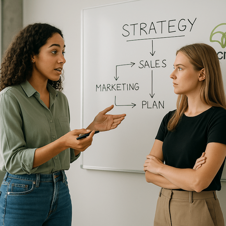 Two women TikTok Shop influencers at a whiteboard discussing strategy
