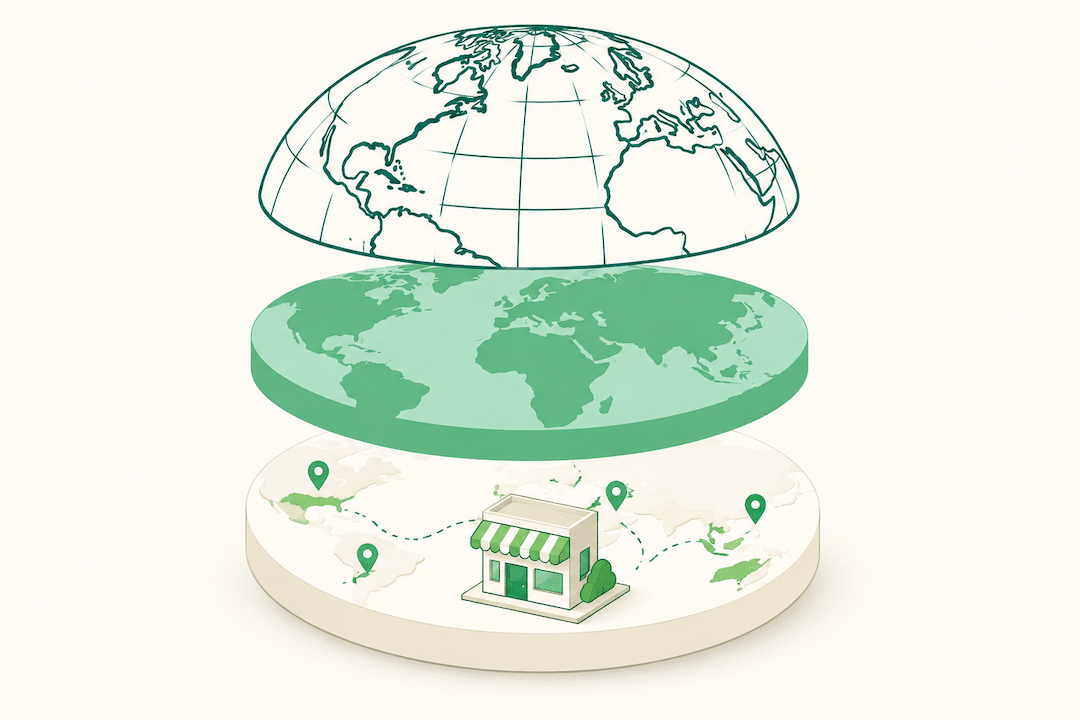 Illustration of a globe split into three layers representing TikTok's account region, shop selling regions, and business registration country.