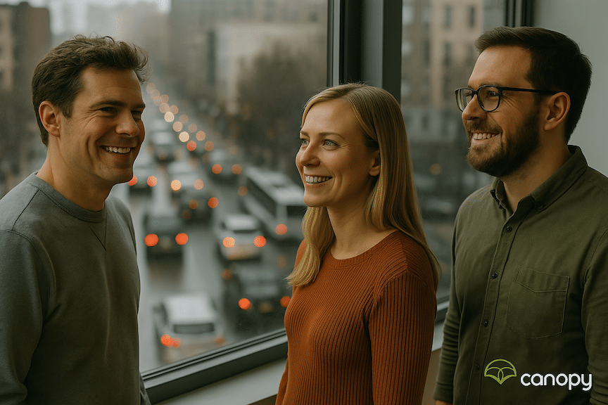 three brand entrepreneurs looking out the window of a modern office at a lot of traffic on the street below