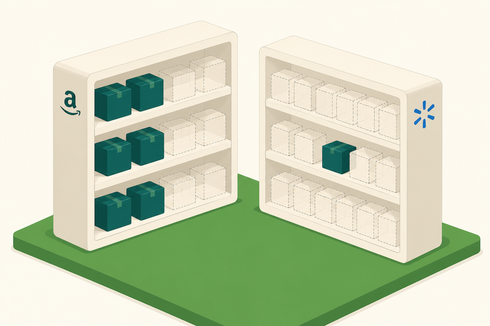 Isometric shelves showing Walmart's private label share of sales versus Amazon's much smaller share.