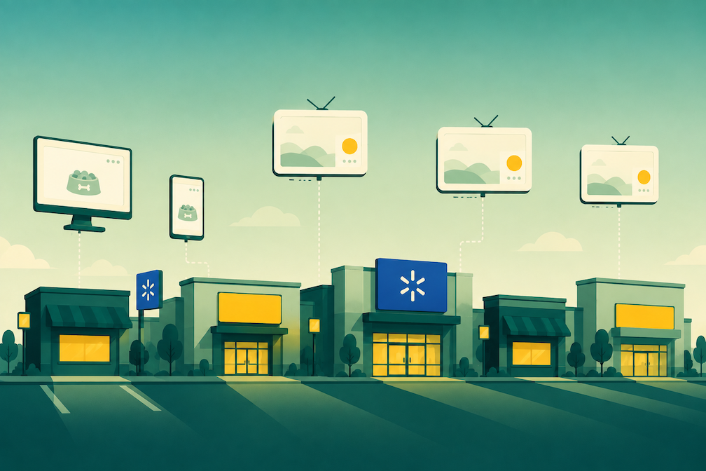 Illustration of Walmart in-store screens and connected TV placements as advertising inventory beyond search.