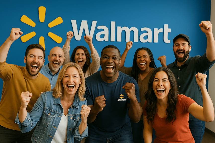 A group of walmart sellers celebrating in front of a Walmart logo