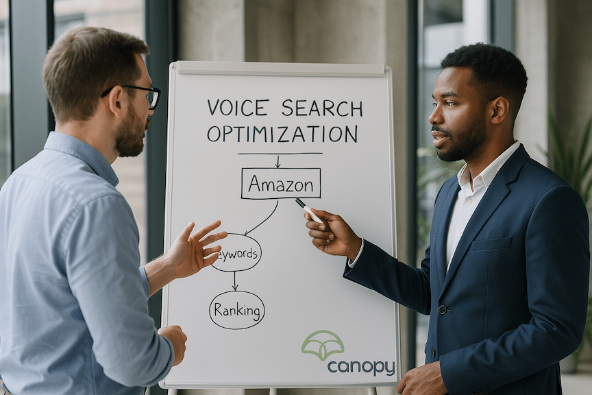 Two amazon sellers discussing Voice search optimization at a whiteboard in a modern office