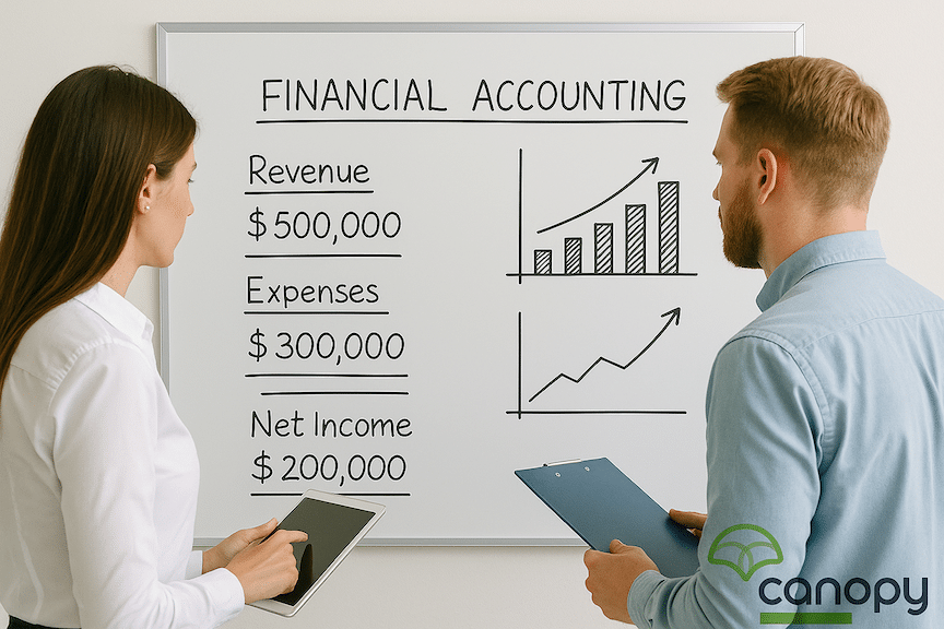 Two amazon brand entrepreneurs looking at a whiteboard with financial accounting data on it