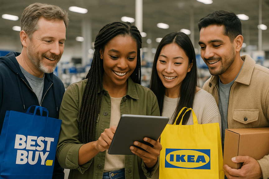 a number of shoppers looking at a mobile tablet and shopping for Best buy and Ikea goods