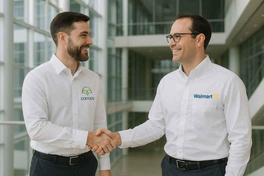 a landscape mode image of two ecommerce experts in collared shirts shaking hands in a large, modern office building. One of them has a canopy management logo on the shirt, and one of them has a Walmart logo.