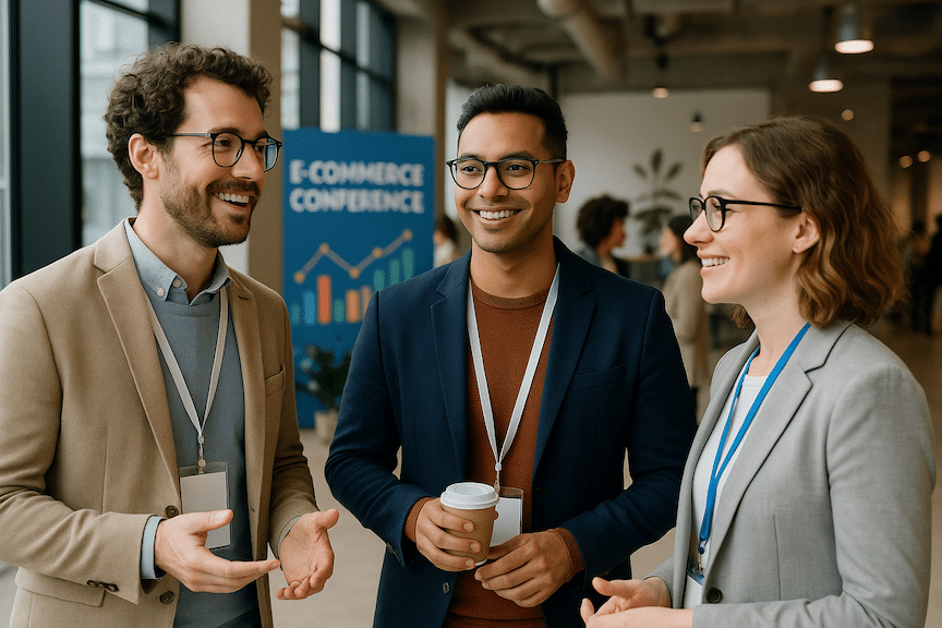 Three ecommerce brand entrepreneurs talking together at a vibrant ecommerce conference in a modern space