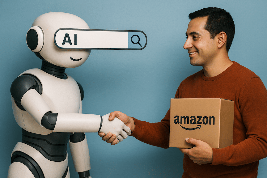 A photorealistic image of an AI search bot shaking hands with an amazon shopper