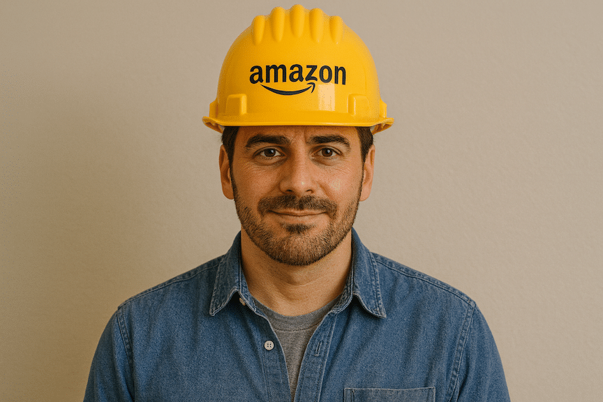an Amazon seller wearing a hard hat with an amazon logo