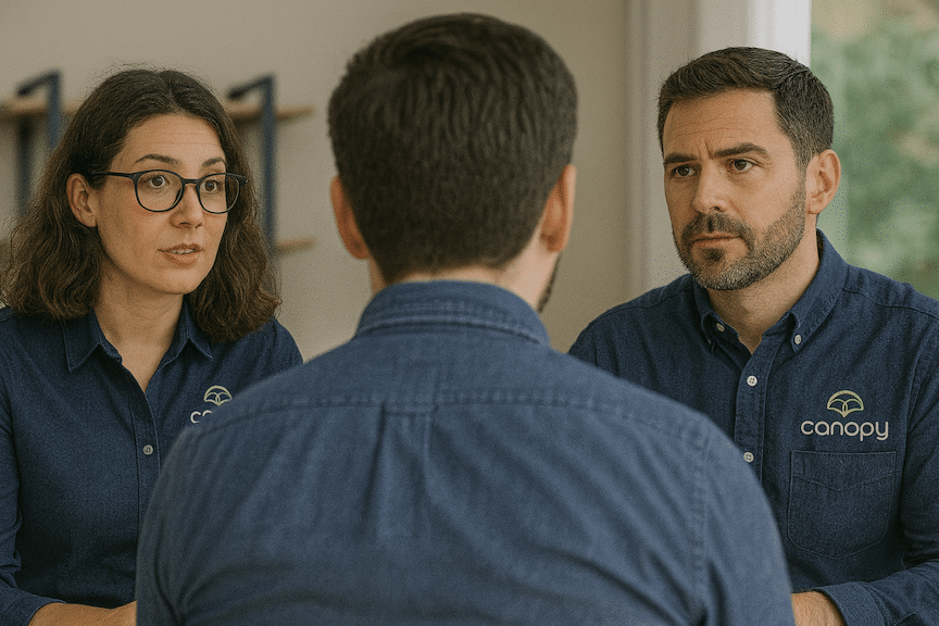 two Canopy Management amazon experts wearing collared shirts with Canopy management logs advising a single ecommerce seller