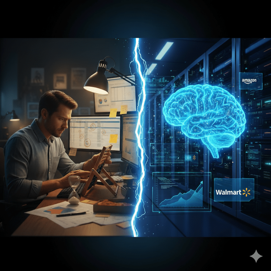 A man on the left manually works on a laptop at a desk, while on the right, a glowing AI brain and data visualizations represent automated, real-time optimization for Amazon and Walmart advertising.