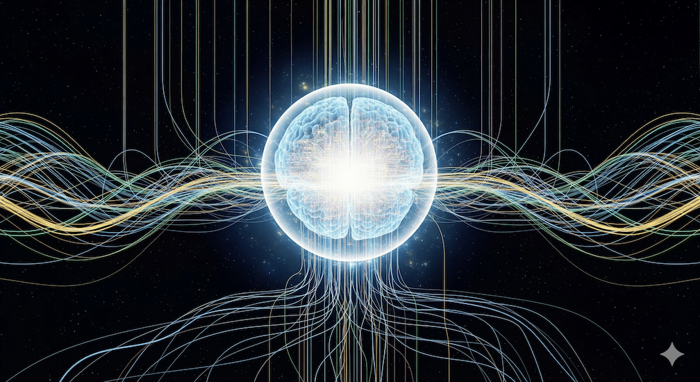 A glowing, translucent brain is at the center of a complex network of multi-colored data streams flowing in from all directions, symbolizing multi-dimensional AI intelligence.