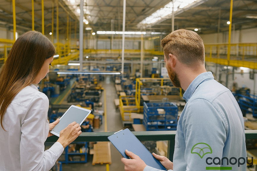two amazon sellers lookin g out over a factory floor making notes on an ipad
