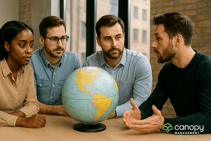 4 ecommerce sellers at a table in a modern office discussing Amazon sourcing strategy in front of a world globe