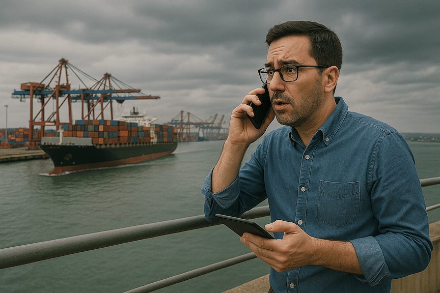 An ecommerce entrepreneur looking out over a harbor and working on strategy on his tablet while on his cell phone