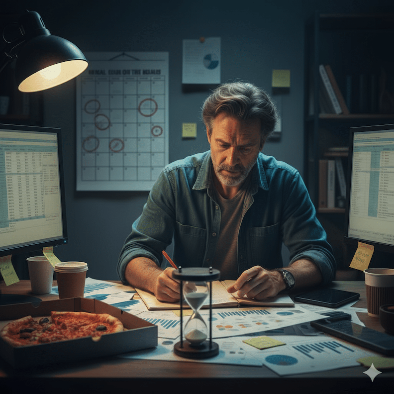 A stressed man sits at a messy desk with an hourglass, manually working on spreadsheets.