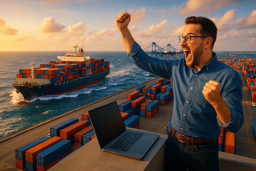An excited ecommerce entrepreneur looking out across an ocean port area at a large container ship arriving