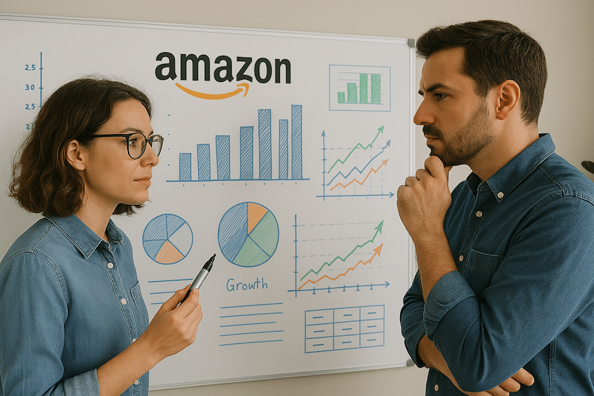 two amazon sellers looking at a whiteboard full of statistics