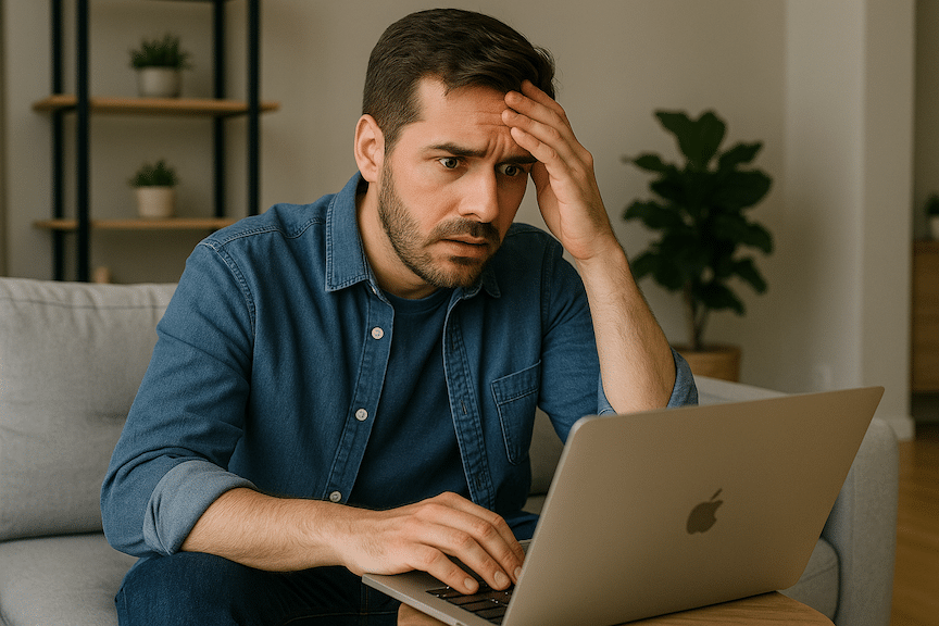 an amazon seller reading a notice from Amazon telling them that they are facing a suspension with a panicked look on their face sitting in a comfortable modern living room