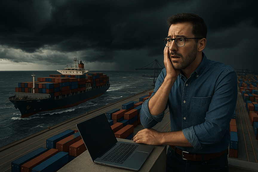 A storm is brewing on the horizon of a port with a container ship coming in and the ecommerce entrepreneur is looking worried