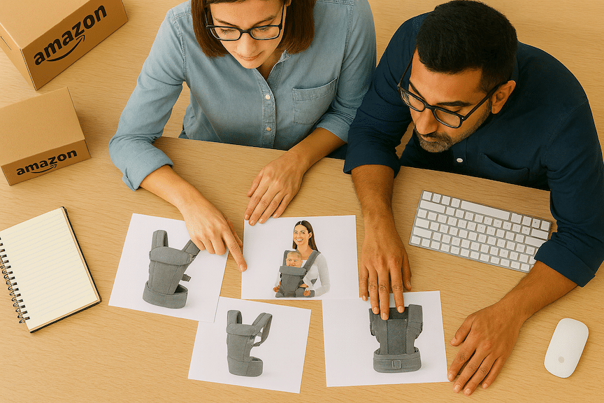 Two ecommerce sellers looking at images of baby carriers for an Amazon A+ campaign