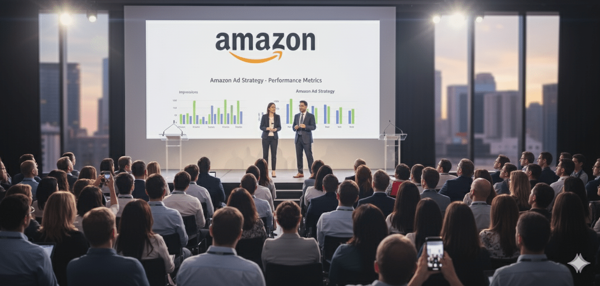 An audience full of Amazon sellers at an ecommerce conference listening to two advertising experts present