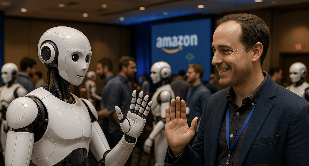An AI robot and an Amazon conference participant waving their hands at each other