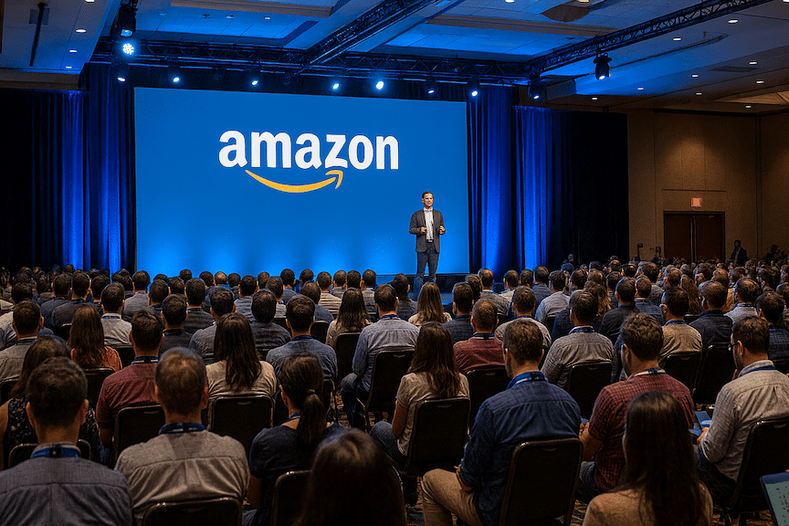 a landscape mode image of a busy amazon seller conference