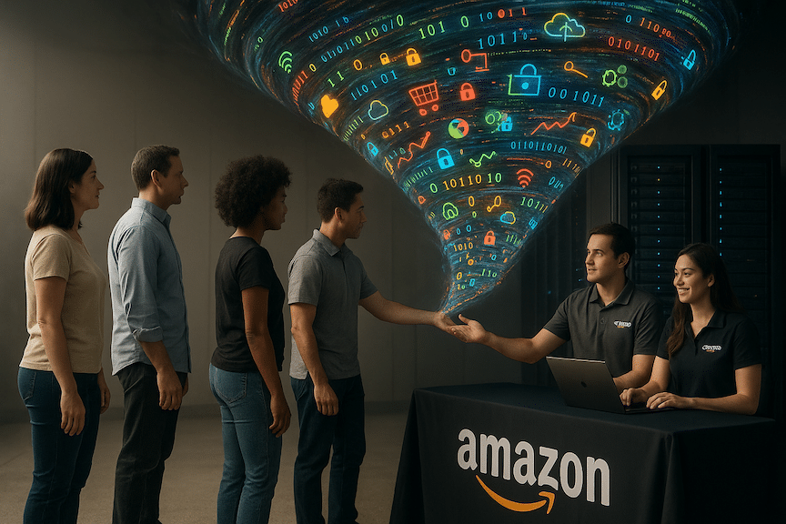 a line of amazon sellers approaching a table where there are two Amazon employees with na huge supercomputer behind them and they are distributing what appears to be a whirling tornado of data